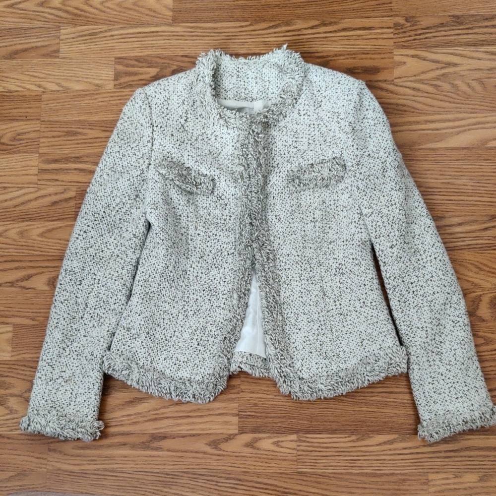 Elegant Light Olive Cream Tweed Jacket For Women